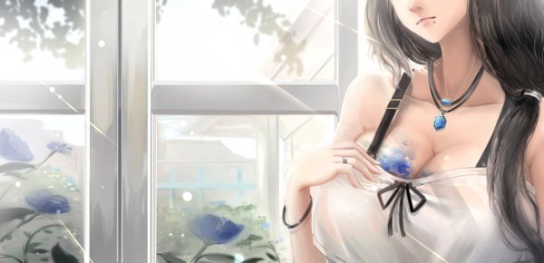 Anime picture 2596x1258 with original kikivi single long hair highres breasts light erotic black hair wide image bare shoulders mole huge breasts mole under mouth head out of frame girl dress flower (flowers) window pendant sundress