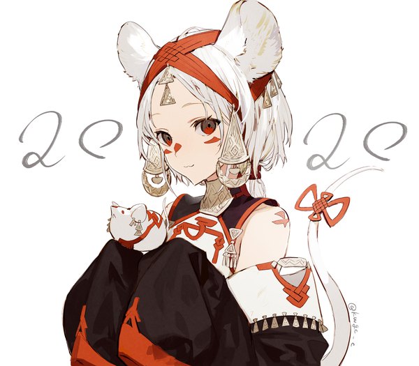 Anime picture 4000x3500 with original kawaguchi (mojacome) single looking at viewer highres short hair simple background red eyes white background signed animal ears absurdres upper body white hair tail animal tail twitter username new year face paint 2020