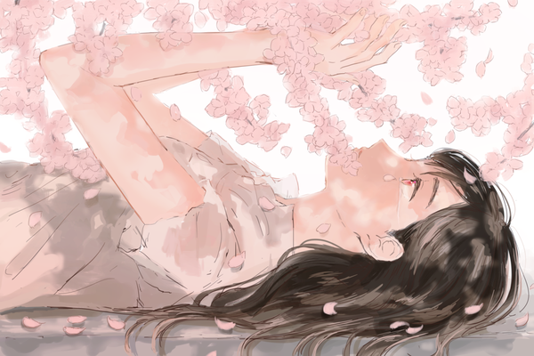 Anime picture 1500x1000 with original hinao (flowerrabbit2348) single long hair fringe brown hair white background lying arm up on back tears crying girl flower (flowers) petals branch