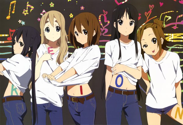 Anime picture 5964x4085 with k-on! kyoto animation megami magazine akiyama mio hirasawa yui nakano azusa kotobuki tsumugi tainaka ritsu highres multiple girls absurdres official art group music girl 5 girls jeans