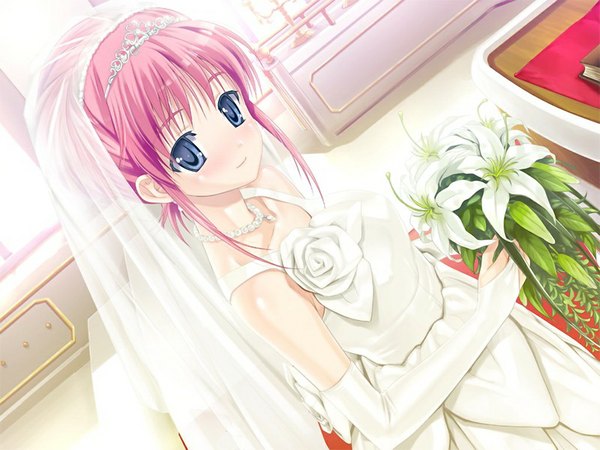 Anime picture 1024x768 with kanojo x kanojo x kanojo orifushi akina blue eyes pink hair game cg girl dress gloves flower (flowers) elbow gloves wedding dress veil