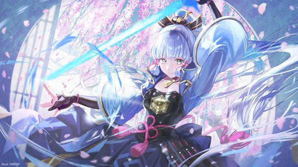 Anime picture 1778x1000 with genshin impact kamisato ayaka haruri single long hair looking at viewer fringe highres wide image signed silver hair ponytail blunt bangs light smile cherry blossoms silver eyes tress ribbon girl ribbon (ribbons) weapon