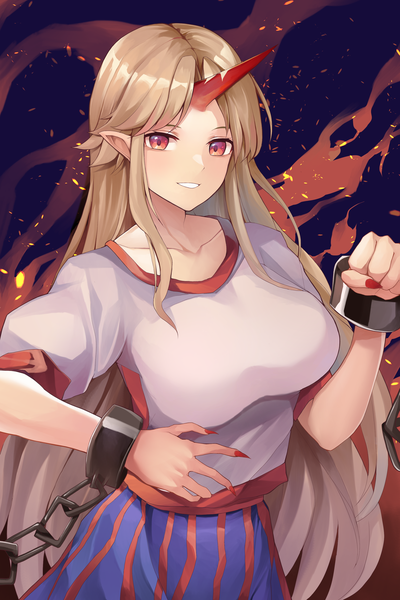 Anime picture 2200x3300 with touhou hoshiguma yuugi koizumo single long hair tall image looking at viewer highres blonde hair red eyes parted lips horn (horns) pointy ears oni horns girl fist shackles