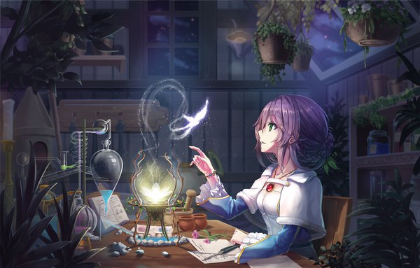 Anime picture 1920x1228 with original vikpie single fringe highres short hair hair between eyes sitting green eyes sky purple hair cloud (clouds) upper body indoors braid (braids) long sleeves parted lips profile night night sky