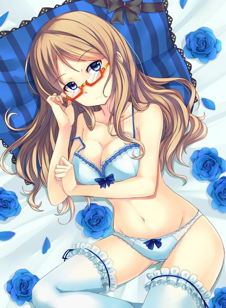 Anime picture 600x817 with original mirai denki single long hair tall image breasts blue eyes light erotic blonde hair large breasts looking away lying from above underwear only girl thighhighs underwear panties flower (flowers) petals