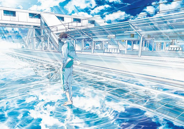 Anime picture 1000x703 with haikyuu!! production i.g ooikawa tooru gusari single short hair brown hair sky cloud (clouds) full body barefoot wind from behind sunlight reflection walking ripples boy uniform water