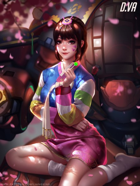 Anime picture 6000x8000 with overwatch blizzard entertainment d.va (overwatch) meka (overwatch) palanquin d.va liang xing single tall image looking at viewer fringe highres short hair light erotic brown hair holding brown eyes absurdres bent knee (knees) arm up light smile