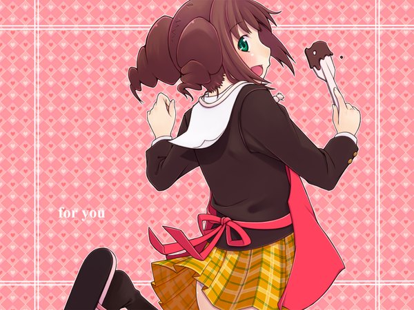 Anime picture 1600x1200 with idolmaster idolmaster (classic) takatsuki yayoi chika (orange pop) single highres twintails pantyshot plaid skirt checkered plaid checkered background school wear (idolmaster) skirt uniform underwear panties school uniform food heart