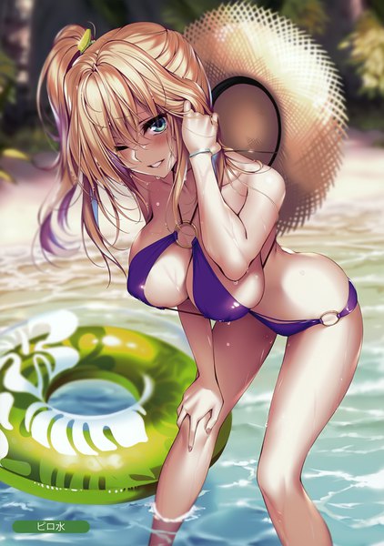 Anime picture 2464x3500 with melonbooks piromizu single long hair tall image looking at viewer blush fringe highres breasts blue eyes light erotic blonde hair smile large breasts payot outdoors parted lips one eye closed scan