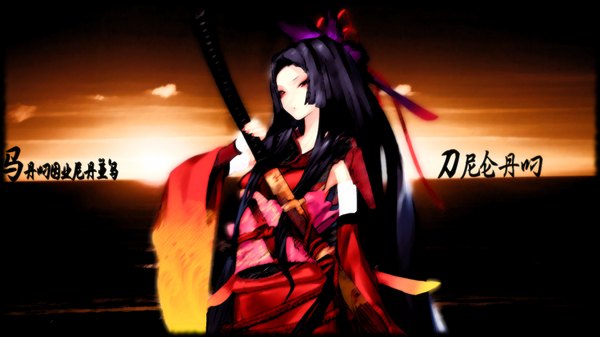 Anime picture 1920x1080 with original kaorihime redjuice single long hair highres black hair red eyes wide image japanese clothes inscription hieroglyph girl weapon sword kimono katana