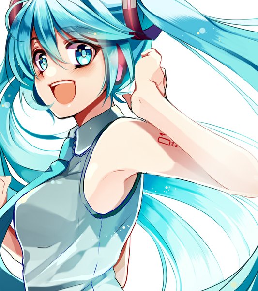 Anime picture 800x900 with vocaloid hatsune miku kurabayashi single long hair tall image looking at viewer blush open mouth blue eyes simple background white background twintails bare shoulders blue hair :d girl necktie headphones
