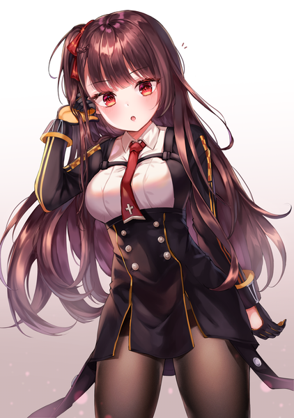 Anime picture 1900x2700 with girls frontline wa2000 (girls frontline) yam (dr yammy) single long hair tall image looking at viewer blush fringe highres open mouth simple background red eyes brown hair standing white background blunt bangs braid (braids) long sleeves arm up