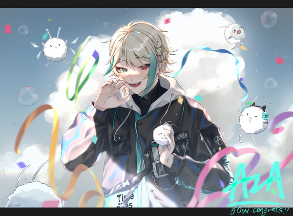 Anime picture 3035x2236 with virtual youtuber nijisanji virtuareal aza (virtuareal) sesemilk single looking at viewer highres short hair open mouth holding absurdres sky silver hair cloud (clouds) upper body :d multicolored hair streaked hair heterochromia