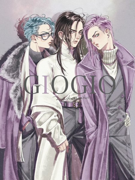 Anime picture 1181x1570 with jojo no kimyou na bouken melone ghiaccio illuso hagiko long hair tall image looking at viewer short hair black hair standing blue hair purple hair long sleeves head tilt off shoulder multiple boys shadow sleeves past wrists hand in pocket