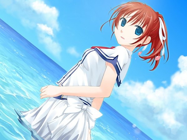 Anime picture 1024x768 with amanatsu blue eyes game cg red hair girl serafuku