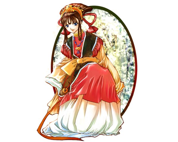 Anime picture 1280x1024 with twelve kingdoms tagme (character) single looking at viewer blue eyes simple background brown hair white background girl hair ornament choker