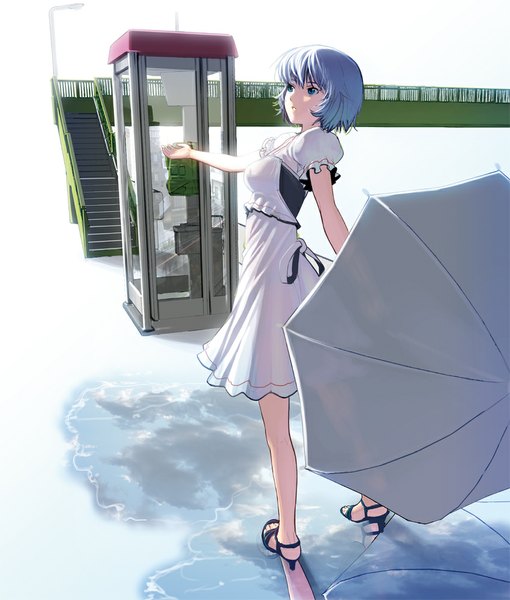 Anime picture 850x1000 with neon genesis evangelion gainax ayanami rei masao single tall image short hair blue eyes blue hair sky full body high heels reflection looking up rain girl dress ribbon (ribbons) water umbrella