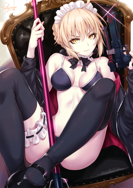 Anime picture 1200x1697 with fate (series) artoria pendragon (all) artoria pendragon (alter swimsuit rider) (fate) sakiyamama single tall image looking at viewer fringe short hair breasts light erotic blonde hair hair between eyes sitting bare shoulders holding signed yellow eyes ahoge bent knee (knees)