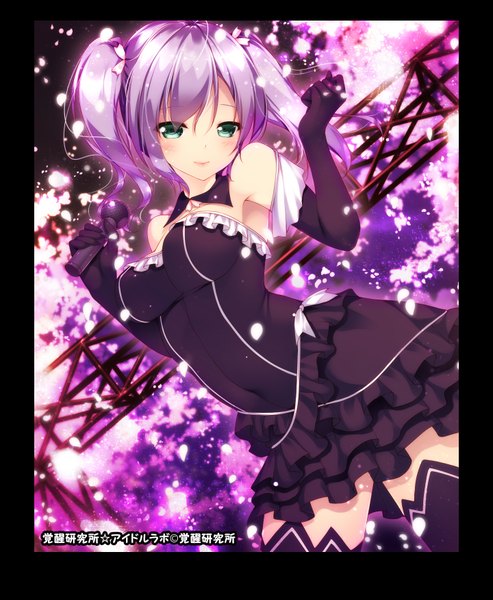 Anime picture 1440x1750 with original shokuyou mogura single long hair tall image looking at viewer blue eyes twintails purple hair light smile border girl thighhighs dress gloves flower (flowers) black thighhighs petals elbow gloves
