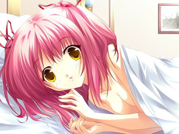 Anime picture 1024x768 with sorairo no organ (game) menum minase lin single looking at viewer short hair breasts light erotic twintails yellow eyes pink hair game cg parted lips :o under covers girl bed blanket