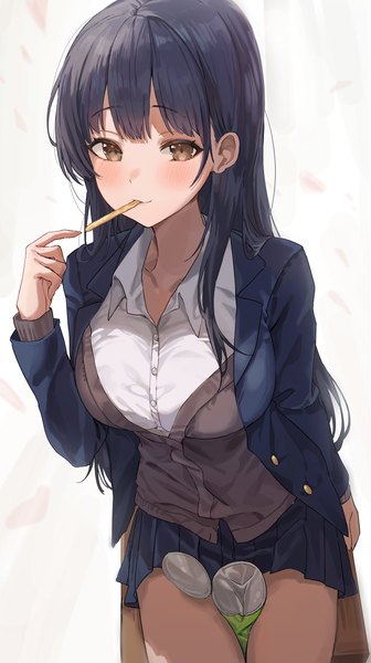 Anime picture 1910x3409 with boku no kokoro no yabai yatsu yamada anna 2gong (9ujin ) single long hair tall image looking at viewer blush fringe highres black hair simple background white background sitting brown eyes long sleeves pleated skirt arm up open clothes eating