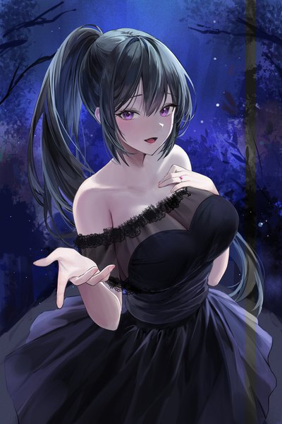 Anime picture 2731x4096 with original lillly single long hair tall image looking at viewer blush fringe highres breasts open mouth light erotic black hair hair between eyes large breasts standing purple eyes bare shoulders payot outdoors
