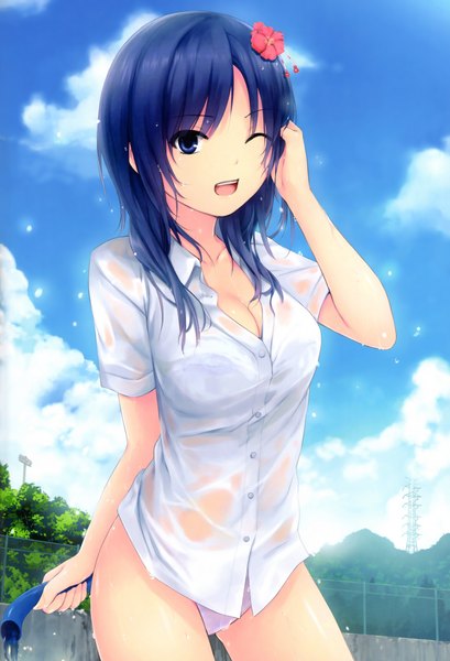Anime picture 3248x4760 with original coffee-kizoku single tall image looking at viewer highres short hair breasts open mouth blue eyes light erotic blue hair absurdres sky cleavage cloud (clouds) hair flower scan bare legs wet
