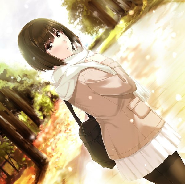 Anime picture 1039x1033 with original n69 single short hair black hair parted lips looking back black eyes dutch angle snowing winter girl skirt plant (plants) tree (trees) jacket scarf bag