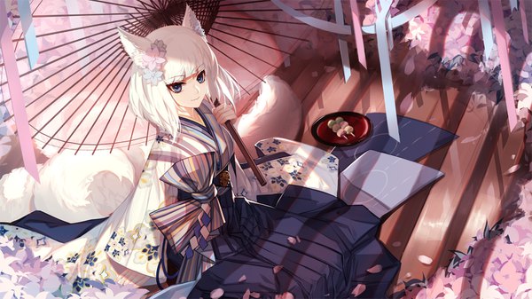 Anime picture 1600x900 with azur lane kaga (azur lane) skade single short hair blue eyes wide image sitting holding animal ears white hair tail traditional clothes japanese clothes animal tail hair flower from above sunlight wallpaper fox ears
