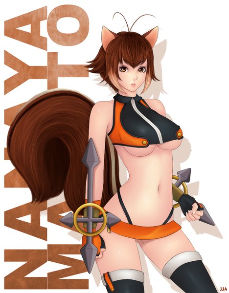 Anime picture 850x1090 with blazblue makoto nanaya khalitzburg single tall image looking at viewer short hair light erotic brown hair brown eyes animal ears tail animal tail squirrel tail squirrel ears girl thighhighs navel weapon black thighhighs