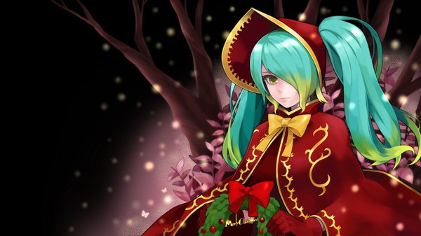 Anime picture 1536x864 with league of legends sona buvelle ilris single long hair looking at viewer fringe wide image twintails green eyes hair over one eye aqua hair christmas merry christmas girl gloves plant (plants) tree (trees) headdress cape