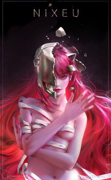 Anime picture 928x1500 with elfen lied arms corporation lucy nixeu single long hair tall image looking at viewer fringe breasts light erotic red eyes signed animal ears upper body red hair realistic watermark dark background framed