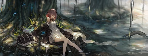 Anime picture 1285x493 with original monono single long hair wide image bare shoulders pink hair eyes closed pointy ears legs girl dress plant (plants) detached sleeves tree (trees) water bag
