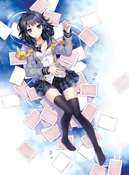 Anime picture 888x1200 with original nardack single tall image looking at viewer short hair blue eyes black hair zettai ryouiki girl thighhighs skirt uniform black thighhighs school uniform paper