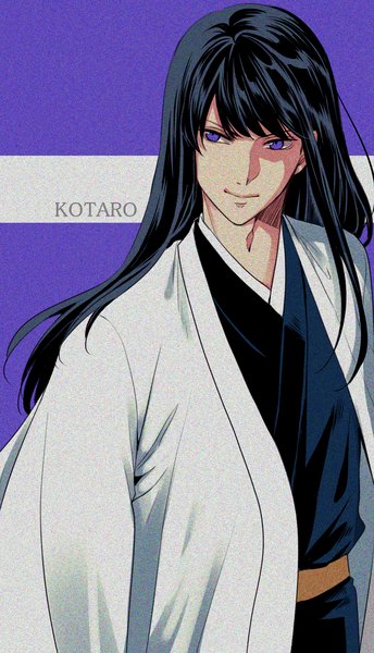 Anime picture 2032x3541 with gintama sunrise (studio) katsura kotarou ichino (ame0211) single long hair tall image fringe highres black hair smile purple eyes looking away upper body blunt bangs traditional clothes japanese clothes character names purple background boy