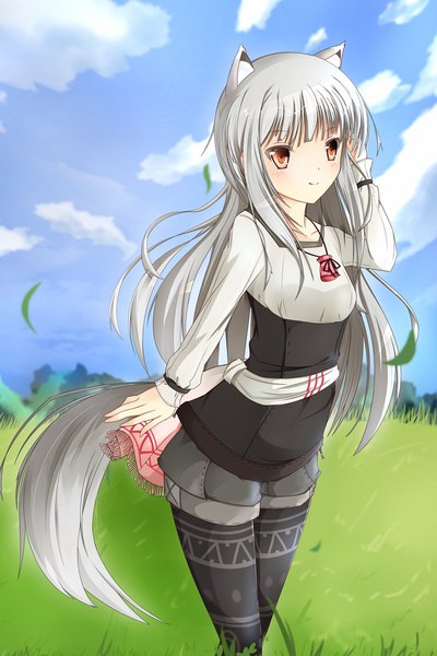 Anime picture 1000x1500 with spice and wolf myuri (spice and wolf) misu t (ccc) single long hair tall image blush fringe breasts standing animal ears payot looking away sky silver hair cloud (clouds) tail animal tail light smile wind