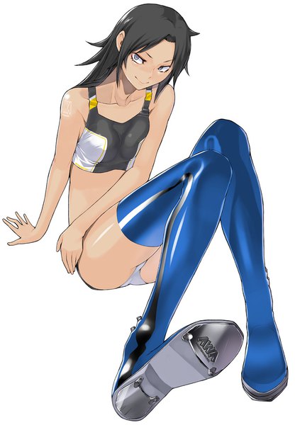 Anime picture 800x1153 with yozakura quartet sawaki (yozakura quartet) yasuda suzuhito single long hair tall image breasts light erotic black hair simple background smile white background sitting bare shoulders looking away full body bent knee (knees) arm support grey eyes shiny skin