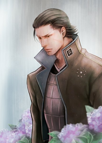 Anime picture 800x1120 with sengoku basara production i.g katakura kojuurou ttr (artist) single tall image short hair simple background brown hair brown eyes wet looking down scar rain boy flower (flowers) armor cloak hydrangea