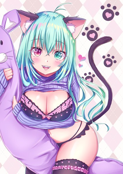 Anime picture 2894x4093 with original tenzeru single long hair tall image looking at viewer blush fringe highres breasts open mouth light erotic smile hair between eyes large breasts holding animal ears cleavage ahoge tail