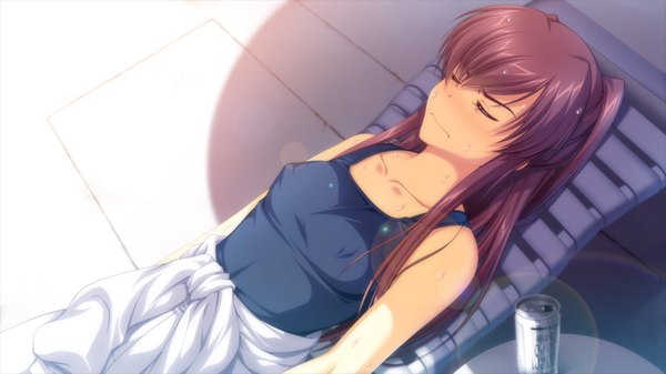 Anime picture 1600x900 with artemis blue long hair brown hair wide image game cg eyes closed girl