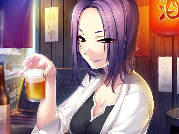 Anime picture 1200x900 with motto nee, chanto shiyou yo! afterstory oribe shizuka yellow eyes game cg purple hair girl alcohol beer