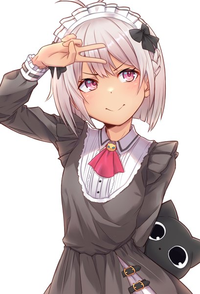Anime picture 736x1080 with virtual youtuber nijisanji matsukai mao reitency single tall image short hair simple background smile white background looking away silver hair ahoge pink eyes official alternate costume arm behind head girl dress headdress maid headdress
