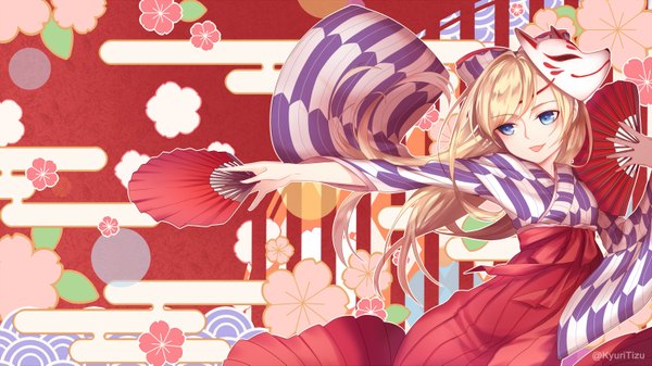 Anime picture 1500x843 with original kyuri tizu single long hair open mouth blue eyes blonde hair wide image looking away traditional clothes japanese clothes outstretched arm mask on head egasumi seigaiha yagasuri girl mask fan hakama