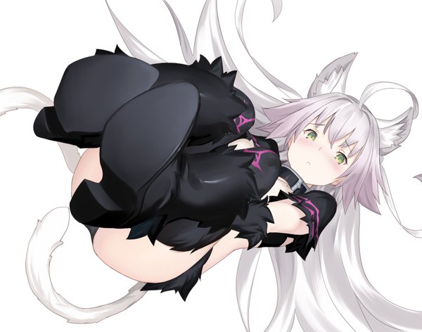 Anime picture 800x630 with fate (series) fate/grand order atalanta (fate) atalanta (alter) (fate) keemu (occhoko-cho) single long hair looking at viewer blush fringe light erotic simple background white background green eyes animal ears silver hair purple hair full body ahoge ass