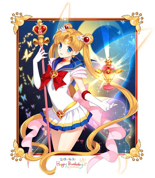 Anime picture 870x1000 with bishoujo senshi sailor moon toei animation tsukino usagi sailor moon nardack single long hair tall image looking at viewer blue eyes blonde hair twintails very long hair insect wings butterfly wings girl gloves hair ornament wings insect