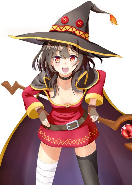 Anime picture 1370x1920 with kono subarashii sekai ni shukufuku wo! studio deen megumin bentoutou single tall image looking at viewer short hair breasts open mouth light erotic black hair simple background red eyes standing white background holding payot :d no bra