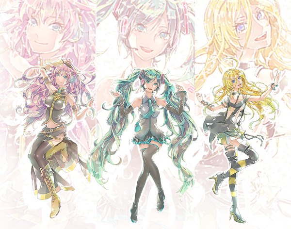 Anime picture 1500x1180 with vocaloid hatsune miku megurine luka lily (vocaloid) ena1215 long hair looking at viewer open mouth blue eyes twintails multiple girls pink hair ahoge very long hair aqua eyes light smile aqua hair tattoo high heels zettai ryouiki