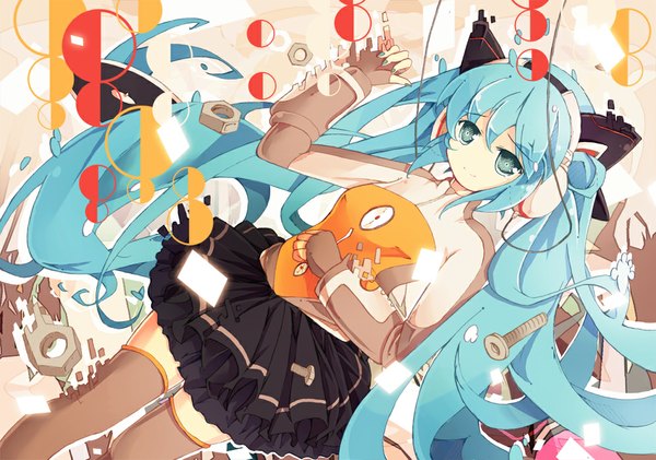 イラスト 1000x703 と ボーカロイド odds & ends (vocaloid) 初音ミク bondson (artist) ソロ 青い目 ツインテール very long hair aqua hair 絶対領域 女の子 ストッキング ドレス ちょう結び ヘア蝶結び ヘッドフォン 指なし手袋