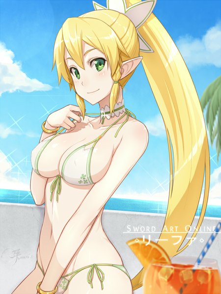 Anime picture 768x1024 with sword art online a-1 pictures leafa dan (kumadan) single long hair tall image looking at viewer breasts light erotic blonde hair green eyes sky cloud (clouds) ponytail pointy ears elf girl navel swimsuit