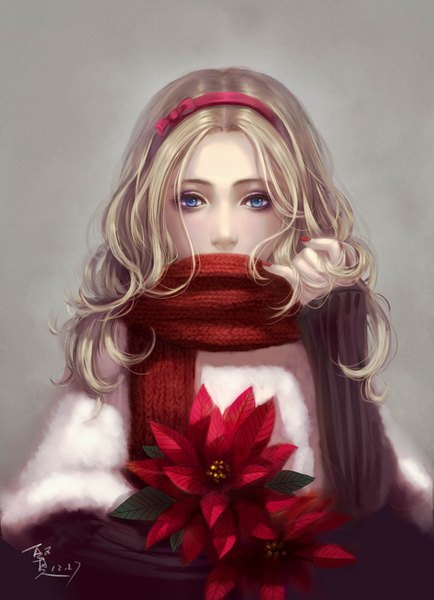 Anime picture 1000x1381 with original ken (pixiv 2574884) single long hair tall image looking at viewer blue eyes blonde hair signed realistic curly hair girl flower (flowers) bow hair bow hairband scarf leaf (leaves)